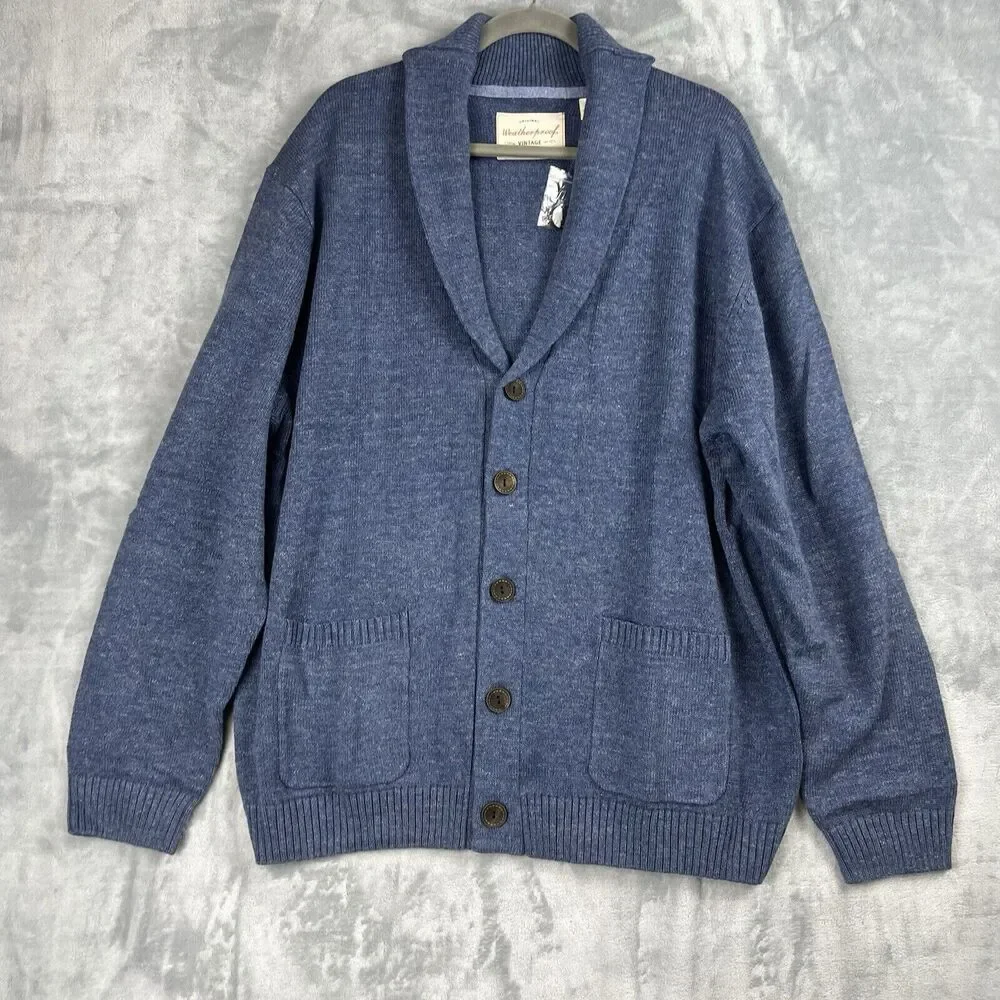 Weatherproof‎ Vintage Sweater Mens Knit Shawl Neck Blue Preppy Cottage core 2XL